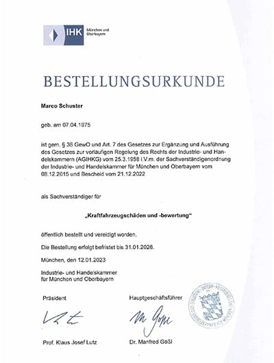 Bestellungsurkunde IHK