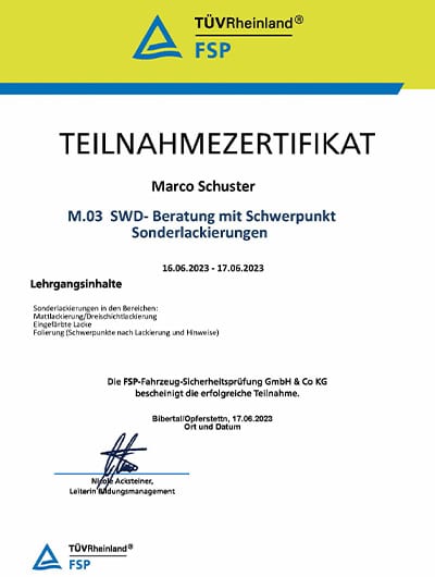 Zertifikat Sonderlackierung