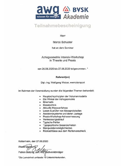 Teilnahmebescheinigung Achsgeometrie