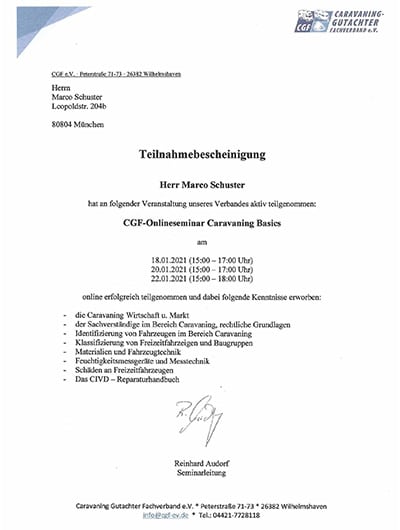 Teilnahmebescheinigung Caravaning Basics