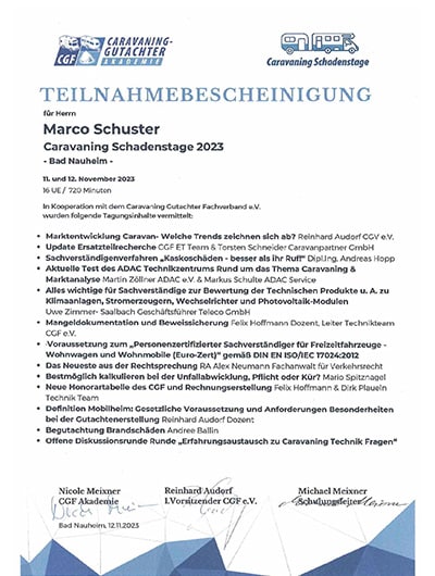 Teilnahmebescheinigung Caravaning Schadenstage 2025