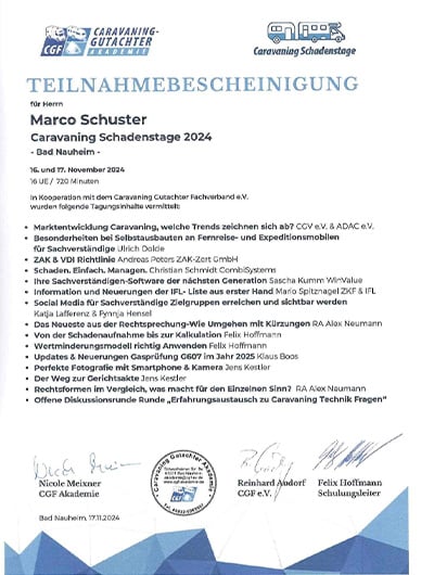 Teilnahmebescheinigung Caravaning Schadenstage 2024