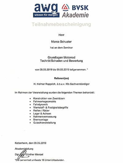 Teilnahmebescheinigung Grundlagen Motorrad