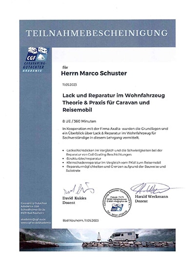 Teilnahmebescheinigung Lack & Reparatur Wohnfahrzeuge