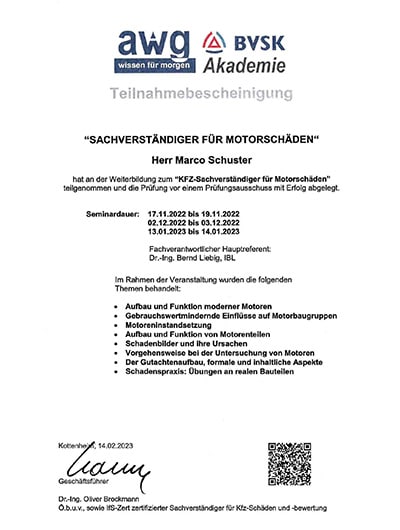 Teilnahmebescheinigung Sachverständiger Motorschäden