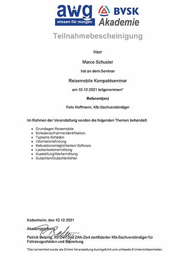 Teilnahmebescheinigung Reisemobile Kompaktseminar