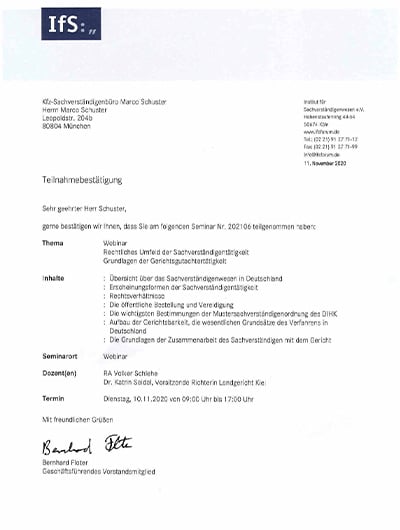 Teilnahmebescheinigung Gerichtsgutachter-Tätigkeit