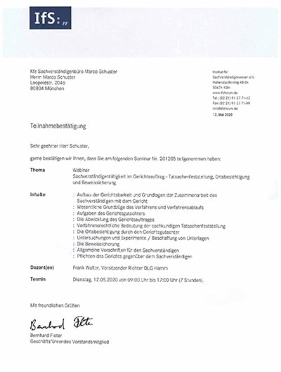 Teilnahmebescheinigung Gerichtsgutachter-Tätigkeit Ortsbesichtigung