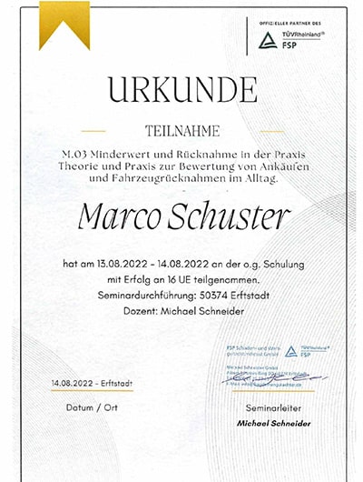 Urkunde Minderwert & Rücknahme