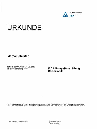 Urkunde Kompaktausbildung Reisemobile