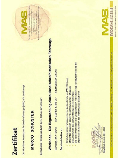 Zertifikat Begutachtung historische Fahrzeuge