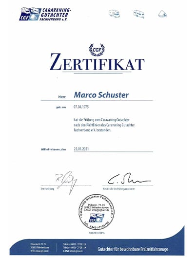 Zertifikat CGF Caravaning Gutachter