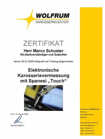 Zertifikat Karosserievermessung Spanesi Touch