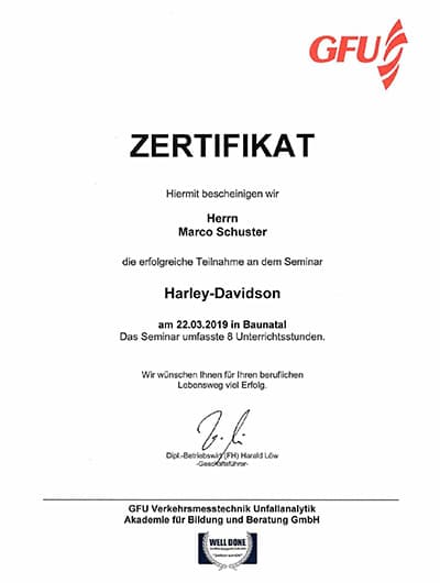 Zertifikat Harley-Davidson Seminar